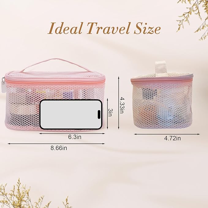Mesh Makeup Bag, Breathable Cosmetic Bags with Zipper, Travel Lightweight Make Up Organizer Mesh, Toiletry Bag with Handle for Women Girls Gift, Pink