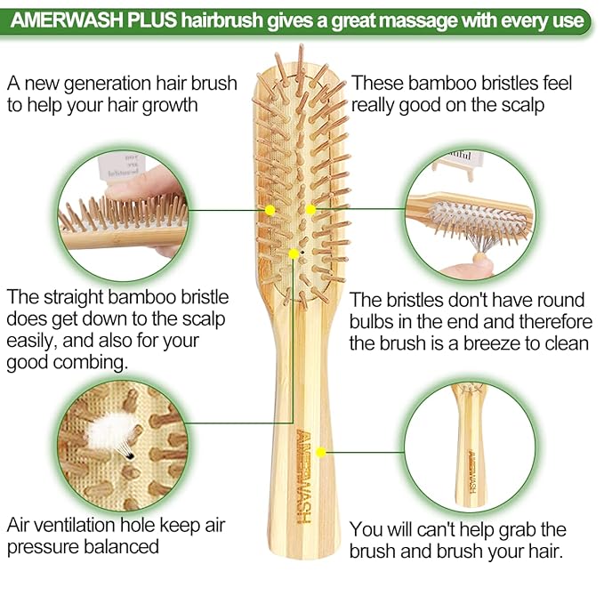Bamboo Hair Brush with Cleaner Tool For Women Men, Bamboo Bristle Wooden Paddle Detangling Brush Helps Hair Growth, Enhance Shine & Health, Massaging Scalp - 2 Pack