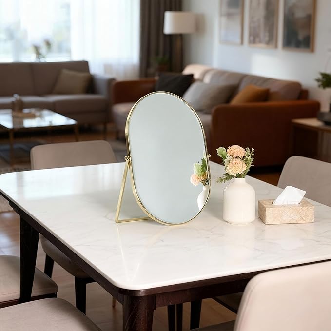Feyarl Champagne Gold Oval Vanity Mirror 12x8 Inch Vertical Tabletop Makeup Mirror Decorative Standing Cosmetic Mirror for Bedroom Bathroom Desk Dresser