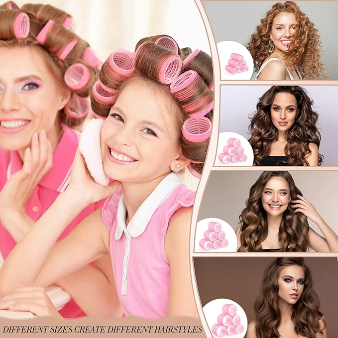 Obeoby 4 Sizes Hair Rollers for Women, Hair Curlers with Clips Comb Curlers for Long Short Curly Hair and Bangs (25, 36, 48, 60mm), Pink Valentines Day Gifts