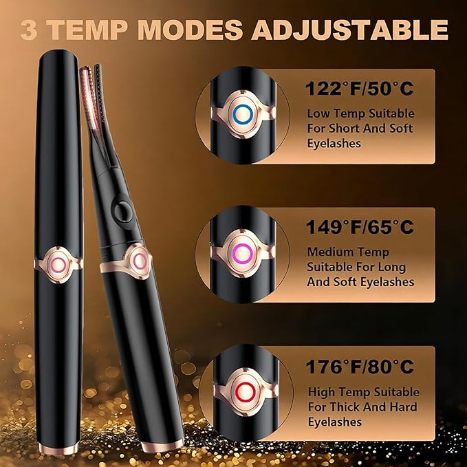 Heated Eyelash Curler - 2-in-1 Clip-Type Design, 3 Temperature Modes, USB Rechargeable Electric Eyelash Curler, Natural Curling 24H Long-Lasting Curl, Gift for Women & Girls, Shiny Black A