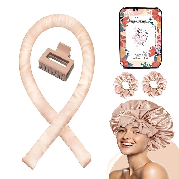 Satin Heatless Hair Curler Set, Heatless Curls Overnight, Hair Rollers for Soft Curls, No Heat Curlers to Sleep in, Curling Rod Headband with Hair Bonnet & Clip & Scrunchies (Travel Packing)