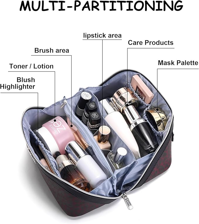 BOYATU Travel Makeup Bag for Women: 3 Pcs Set Portable Make up Bags with Handle - Leopard Print Cosmetic Bags with Comparments - Waterproof Vegan Leather Toiletry Bag (10-Red)