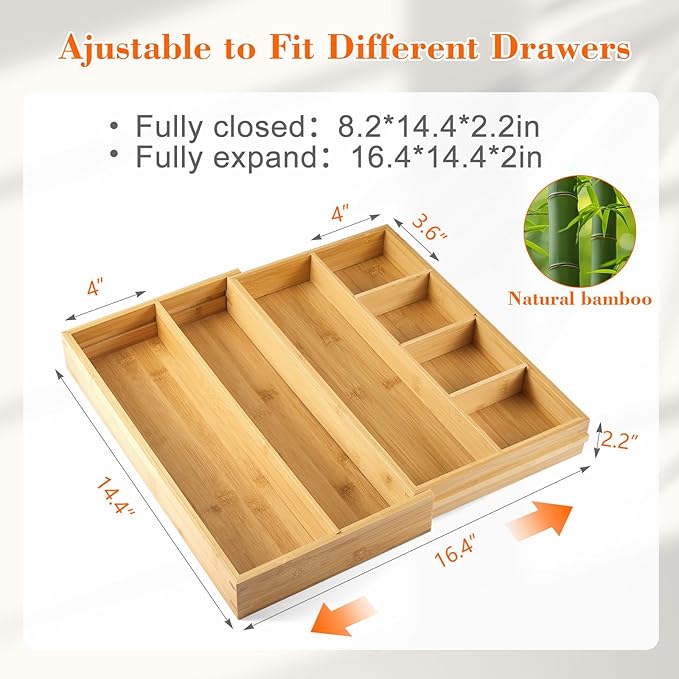 1 Pcs Bamboo Desk Drawer Organizer Wood 2 Inch Height Expandable Drawer Organizer Trays with 7 Adjustable Compartments Desk Accessories for Makeup Silverware Office Bathroom(Wood, Stylish)