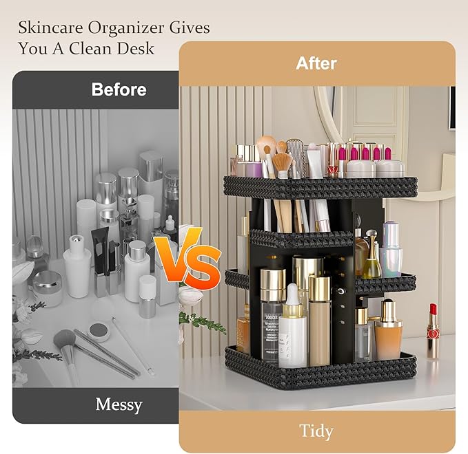 Rotating Makeup Organizer with Makeup Brush Holder, Large Capacity Perfume Organizer for Vanity Countertop, Acrylic Skincare Organizers Spinning Holder Storage Rack (Black)