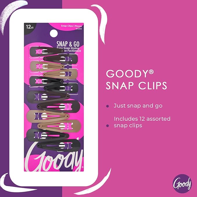Goody Metal Contour Hair Snap Clips - 12 Count, Assorted Colors - Just Snap Into Place - Suitable for All Hair Types - Pain-Free Hair Accessories for Women and Girls - All Day Comfort (Pack of 2)