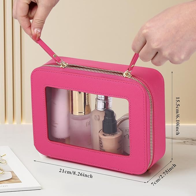 Clear Travel Makeup Bag with Brush Case Portable Transparent Cosmetic Bag and Toiletry Bag Waterproof Makeup Organizer with Zipper Car Essential for Women (Fuxia, M+Slim)