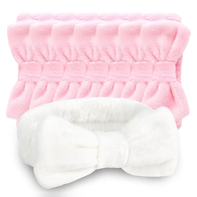 CIEHER 8 Pcs Spa Headbands - 1 White + 7 Pink, Microfiber Hairbands for Bachelorette Party Favors, Bridal Shower Decorations, Skincare Makeup Headbands for Girls, Women's Accessory