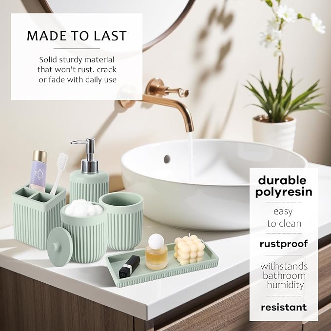 XLHOMO 8-Piece Light Green Bathroom Set - Resin Bathroom Accessories Sets Complete with Shower Curtain and Rugs, Soap Dispenser, Toothbrush Holder, Tumbler & Vanity Organizer
