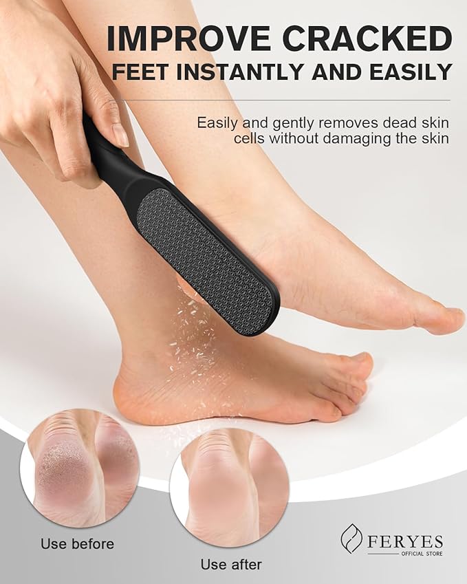 FERYES Dual-Sided Glass Foot File – Long Handle Foot Scrubber for Dead Skin, Cracked Heel Repair, Pedicure Tools for Callus Removal, Glass Pumice Stone Foot Scraper - Black