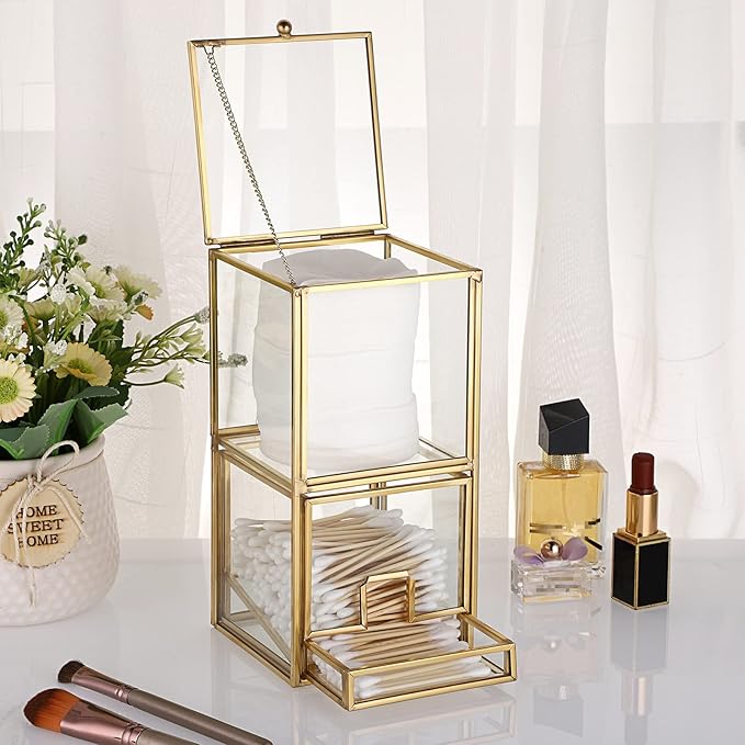 Hipiwe Gold Glass Qtip Holder with Lid 2 Compartments Cotton Balls Swab Organizer Cotton Round Pads Holder Makeup Pad Cosmetic Storage Case Q-tip Dispenser for Dresser Countertop