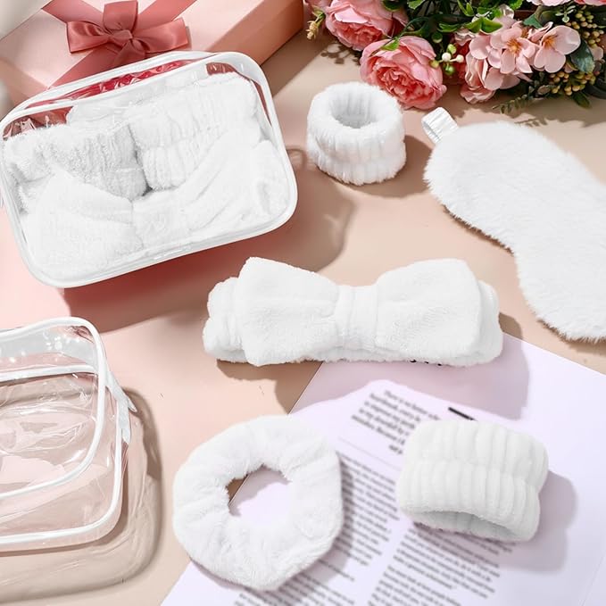 Hoteam 10 Pcs Galentine Spa Party Supplies Valentine Gift Set Sleepover Party Favor Spa Headband Wristband Sleep Eye Mask Velvet Scrunchies for Skin Care Makeup Slumber Night Favor(White)