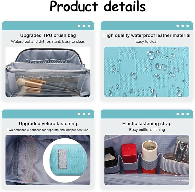 BOYATU Travel Makeup Bag Organizer Cosmetic Bag: 3 Pcs Set Make up Bags for Women with Handle - Waterproof Vegan Leather Toiletry Bags Travel Essentials Pouch with Compartments (01-C-Blue)