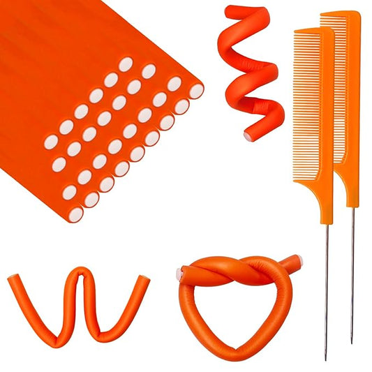 60 Flexible Foam Curling Rods, Twist Hair Rollers with Steel Pintail Comb for Long & Short Hair (9.45 x 0.31, Orange, No Heat)