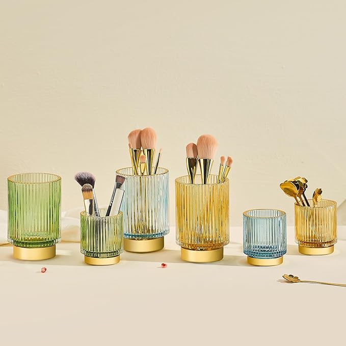 Makeup Brush Holder Organizer,Toothbrush Holders,Desk Pen Pencil Holder,Multifunctional Vintage Glass Brush Cup（S+L/Milky White/A3-5-US）