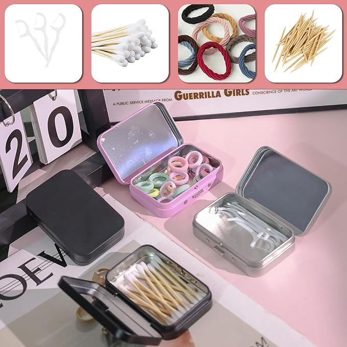 4Pcs Qtip Holder Hair Tie Containers with Mirror,Travel Cotton Swab Holder Flosser Dispenser,Small Travel Containers for for Travel, Dates,Dinners and Hotels(2 Black, 1 Silver, 1 Pink)