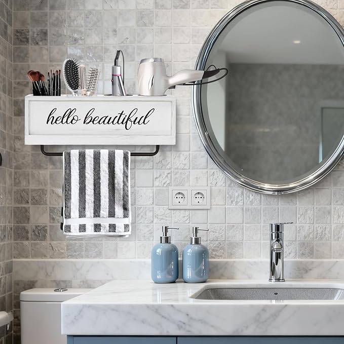 Hair Dryer Holder Wall Mounted, Hair Tools and Styling Organizer with Towel Bar, Farmhouse Beauty Hair Appliance Holder for Flat Iron, Curling Wand, Towel Rack (White)