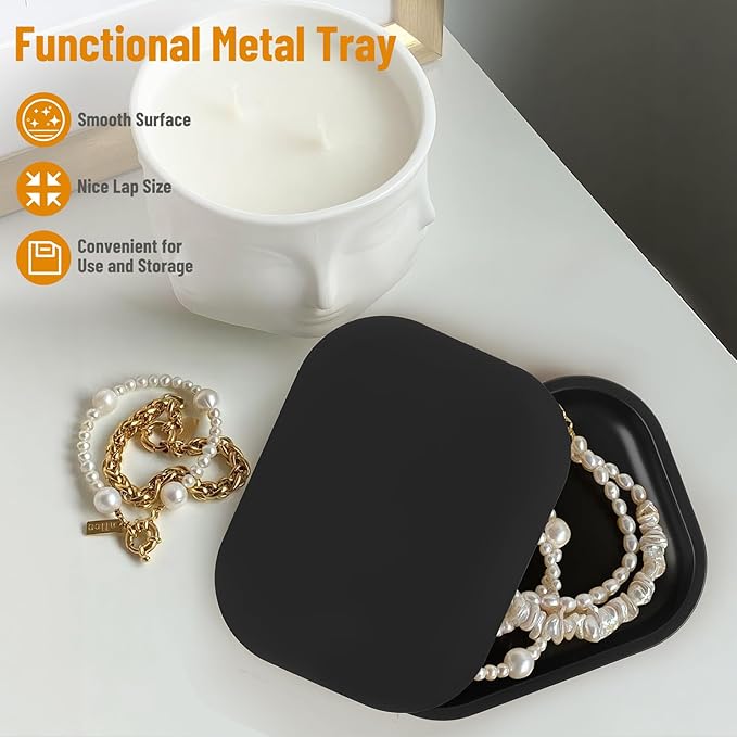 2 Pack Metal Tray with Magnetic Lid, 11 Inch 7 Inch Decorative Trays with 0.6 Inch Depth, Portable Metallic Tray for Jewelry, Sewing, Crafting, Light Travel, Home Decor, Matt Black