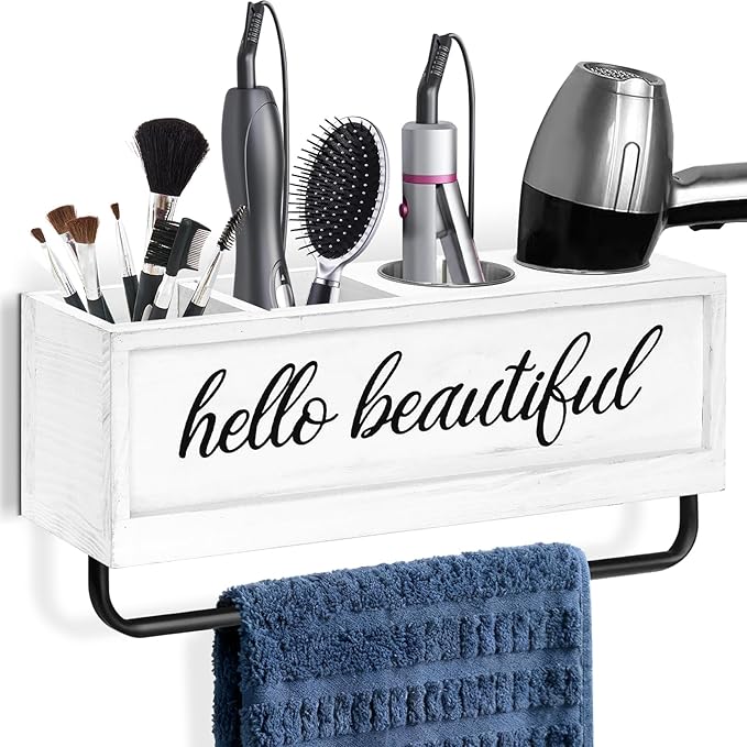Hair Dryer Holder Wall Mounted, Hair Tools and Styling Organizer with Towel Bar, Farmhouse Beauty Hair Appliance Holder for Flat Iron, Curling Wand, Towel Rack (White)