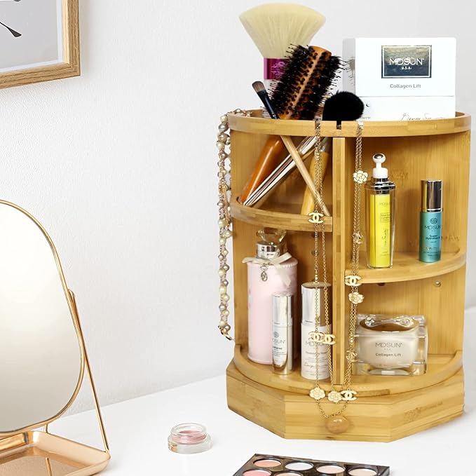 Bamboo Rotating Makeup Organizer with Adjustable Shelves & Drawer - Multipurpose Storage Carousel for Vanity, Bathroom, Kitchen, Bedroom, Desk