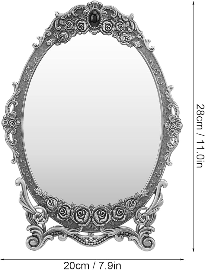 Cyrank Vintage Makeup Mirror, Oval Floral Mirror Decorative Tabletop Makeup Metal Vintage Cosmetic for Home Decorative(Antique Pewter)