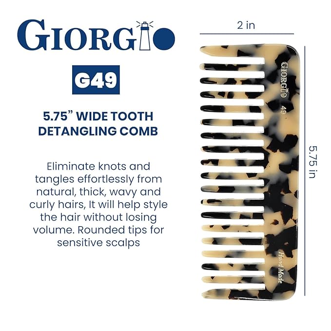 Giorgio G49 White Tokyo Wide Tooth Detangler Comb for Thick Curly Wavy Hair, Wet or Dry. Handmade Quality Cellulose, Saw-Cut, Hand Polished
