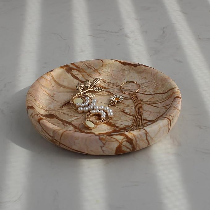Natural Travertine Marble Jewelry Dish 5.5", Trinket Dish for Ring Earring, Gift for Woman Daugther(Pink Marble)