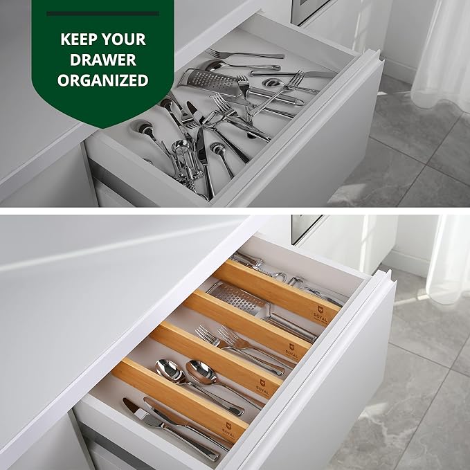 ROYAL CRAFT WOOD Adjustable Bamboo Drawer Dividers Organizers (17-21.5") with Inserts - Expandable Drawer Organization Separators for Kitchen Utensils, Clothes, 4-Pack