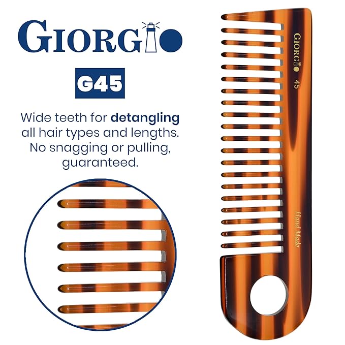 Giorgio G45 Tortoiseshell Detangling Wide Tooth Shower Comb, Easy Use for Thick Curly Wavy Hair. Long Detangler Comb For Wet and Dry Hair. Handmade, Saw-Cut, Hand Polished