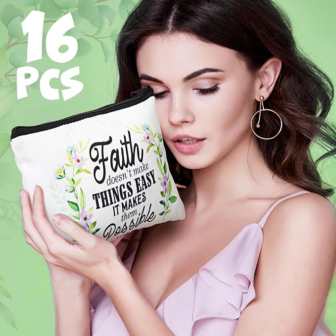 Pinkunn 16 Pcs Valentines Canvas Makeup Bags Bulk Inspirational Christian Women Religious Galentine Gifts Inspirational Bible Verse Pencil Pouch Makeup Bags with Zipper for Travel(Bible Leaves)
