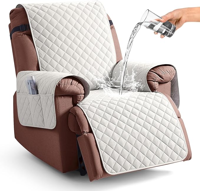 KinCam 100% Waterproof Recliner Chair Cover, Reclining Couch Covers for Pets, Dogs, Recliner Couch Slipcover Furniture Protector with Elastic Straps for Kids(23.6", Beige White)