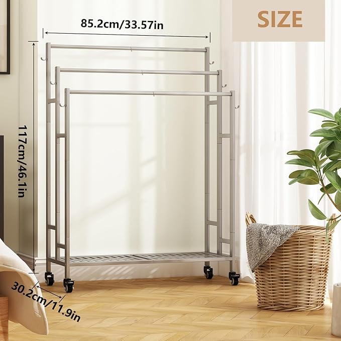 SORCEDAS Towel Rack 3 Tier Free Standing Metal Towel Stand with Storage Shelf and Wheel for Extra Large Towel Blanket Drying (Grey)