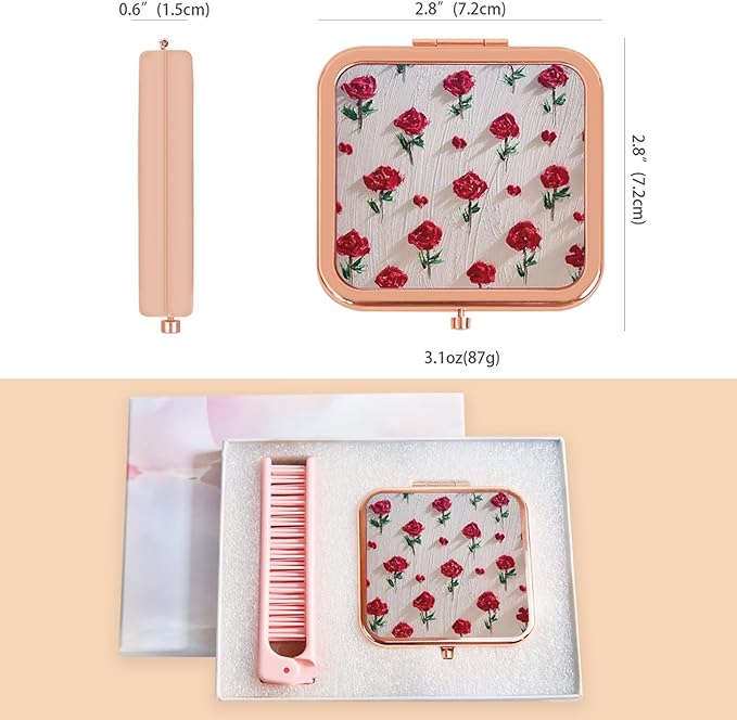 Pocket Mirror, Small Travel Mirror with Magnification, Portable Double-Sided Magnifying Cosmetic Mirror and Pink Folding Comb for Daily
