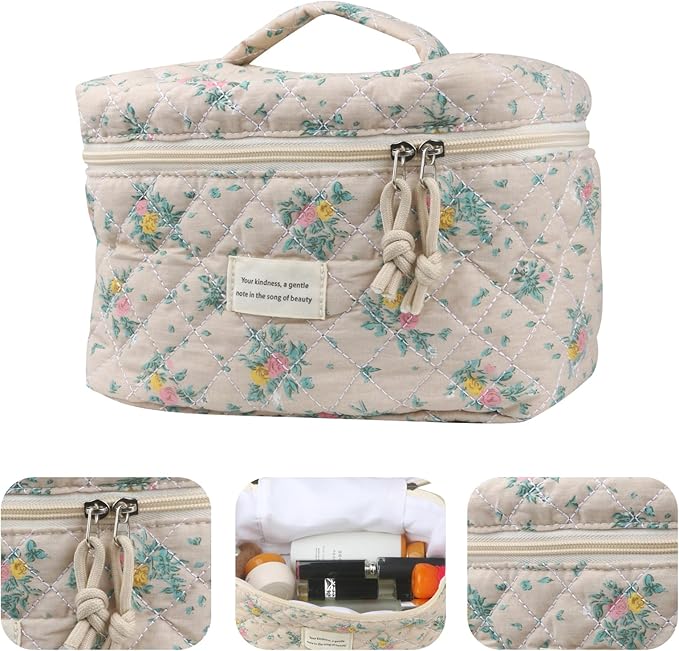 VIWIME Makeup Cosmetic Bag, Large Cotton Quilted Travel Coquette Aesthetic Cute Floral Make up Bag for Women Toiletry Bag Organizer (205- Yellow Red Rose / 4Pcs)