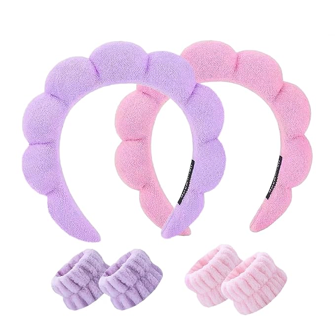 Spa Headband and Wristband Set for Women,Terry Cloth Sponge Headband for Washing Face,Makeup,Facial Mask and Skincare (Pink,Purple, One Size)