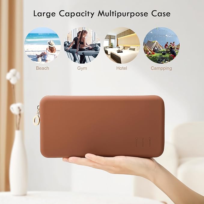 FVION Zipper Makeup Brushes Bag For Travel, Large Silicone Makeup Brush Holder, Make Up Brushes Pouch Case for Makeup Tools - Brown