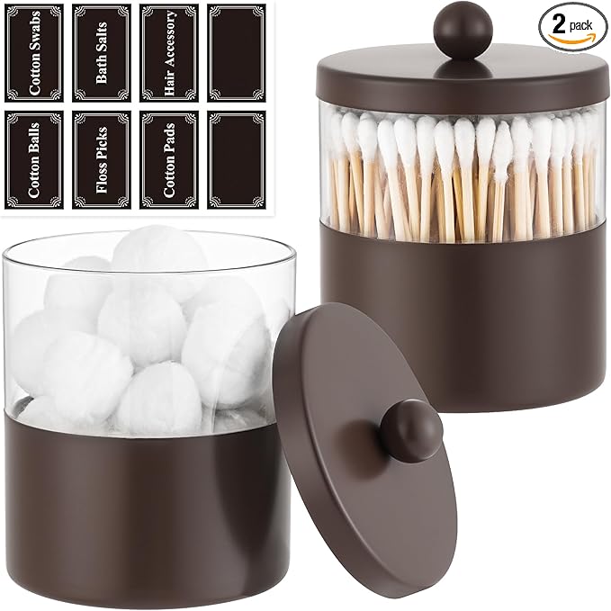 Gaussra Bronze Qtip Holder, Bathroom Jar - Stainless Steel Apothecary Jars with Stickers - Farmhouse Decor Qtip Dispenser for Qtips, Cotton Balls, Swabs, Makeup Sponges (2-Pack)