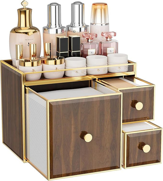 CoralHouse Tempered Glass Face Towel Holder with 3 Drawers, Bathroom Vanity Organizer for Disposable Face Towels, Cotton Pads, Swabs and Skincare