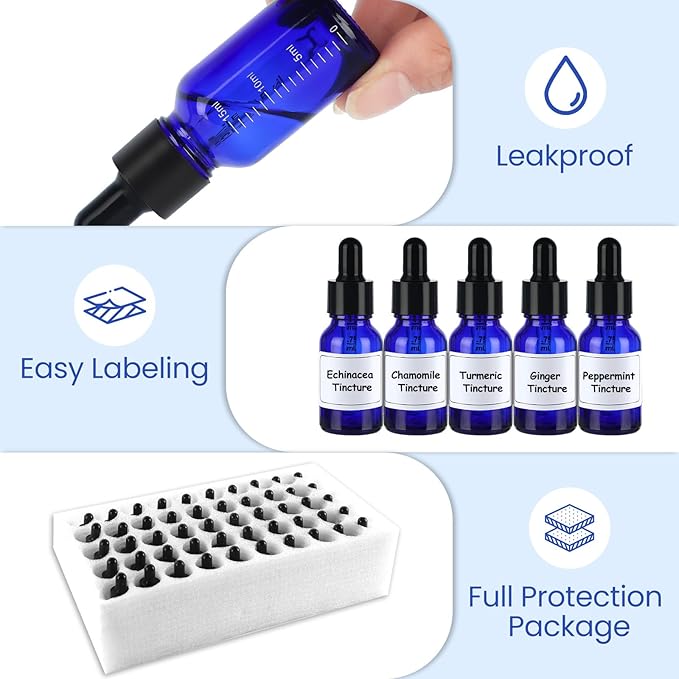 50 Pcs 1/2oz Blue Glass Dropper Bottles with Measurement, 30ml Leakproof Tincture Bottles with Funnels, Eye Droppers, Extra Caps & Labels, Refillable Empty Bottles for Tinctures, Essential Oils