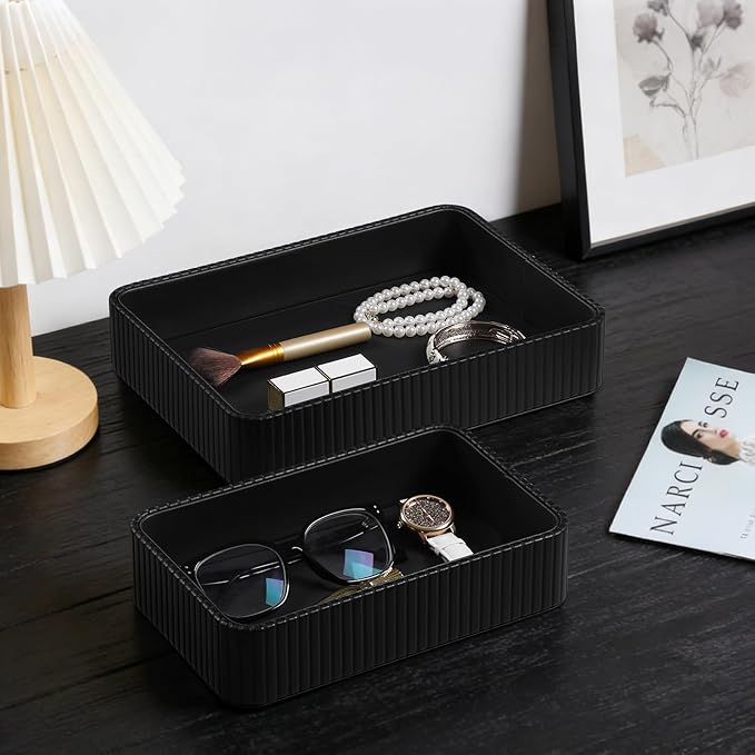 2 Pack Nightstand Organizer Tray, Decorative Perfume Valet Tray Trinket Dish Catch All Purse Key Bowl, PU Leather Coffee Table Trays for Vanity Dresser Bedside Bathroom Countertop (Black)