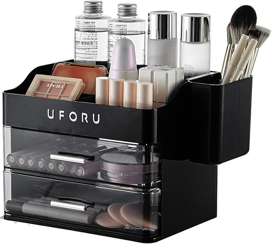 Makeup Organizer for Vanity with Brush Holder, Countertop Skincare Organizer with 2 Drawers, Spacious Cosmetic Display Case for Perfumes, Cologne, Shaving Lotion