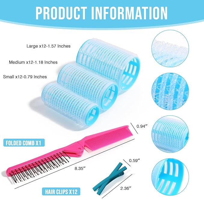 Heatless SelfGrip Hair Rollers Kit, 3 Sizes (0.79",1.18",1.57") for Short/Medium Hair | 36 Rollers +12 Clips +1 Comb | No Heat Curlers for Overnight Waves,Travel & Damage-Free Styling. (Blue, Medium)