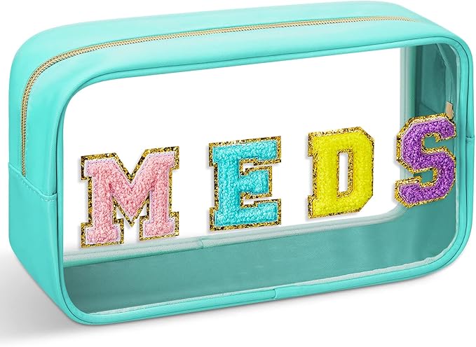 Geetery Medicine Bag Chenille Patch Meds Bags Portable Makeup Cases Preppy Patch with Zipper Cosmetic Travel Toiletry Storage for Women(Green,Cute Meds)