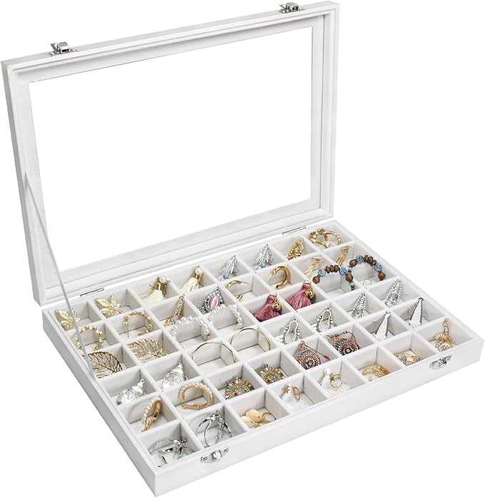 Siveit Jewelry Tray Organizer Box 48 Grid Jewelry Display Organizer Box with Transparent Lid Rings Earrings Necklaces Pendants Display Box Suitable for Women and Girls (48 Grid, White)