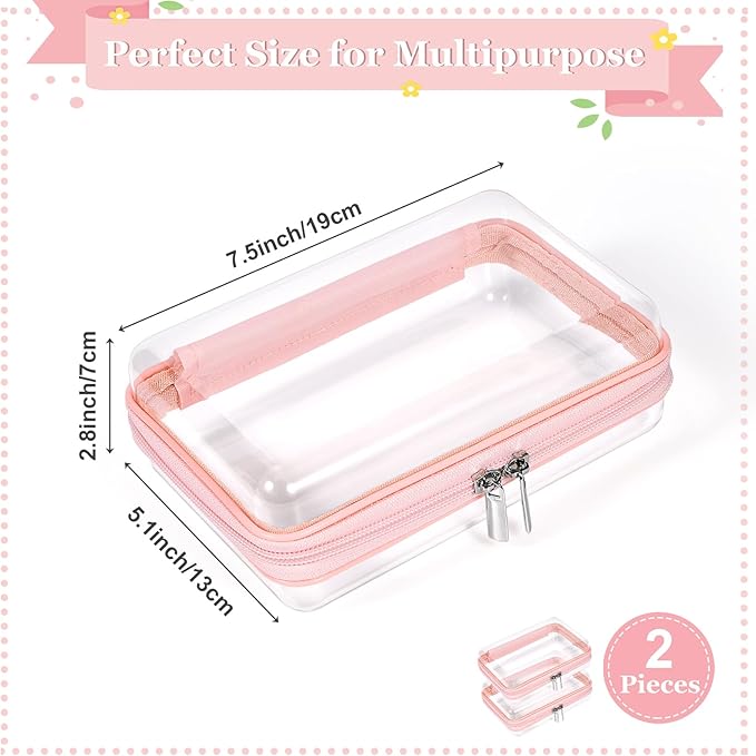 2 Pack Zippered Hard Pouch, Clear Plastic Storage Box Containers Small Toiletry Bag, Clear Hard Shell Zipper Case for Small Items, Toys, Building Blocks, Puzzles, Cosmetics, Stationery Accessories