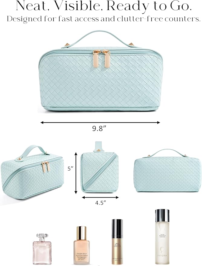 Large Capacity Travel Cosmetic Bag - Portable Makeup Bags for Women Waterproof PU Leather Checkered Makeup Organizer Bag with Dividers and Handle,Toiletry Bag for Cosmetics