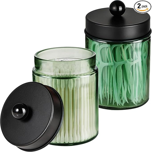 Amolliar Sage Green Glass Apothecary Jar, Qtip Holder Metal Lid & Stickers, Bathroom Qtip Dispenser Storage Canister, Perfect for Cotton Balls, Cotton Swabs, Round Pads, Bath Salt, Floss, Black 2 Pack