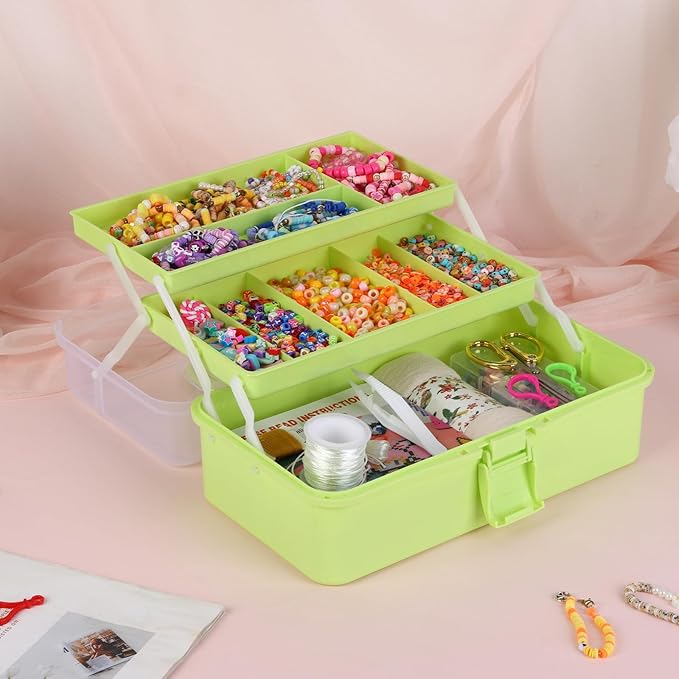 OUTUXED 12.5inch 3-Layer Multipurpose Craft Organizers, Portable Folding Toolbox, Plastic Tool Box with Handle for Sewing Supplies, Medicine, Art Supplies, Nails and Hair Accessories(Green)