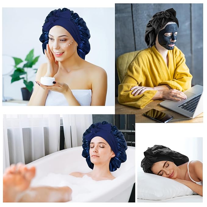 Arqumi 2 Pcs Satin Silk Bonnet for Sleeping Women, Large Long Strap Tie Band Adjustable Sleep Night Cap Hair Bonnet Wrap for Men, Black+Navy Blue