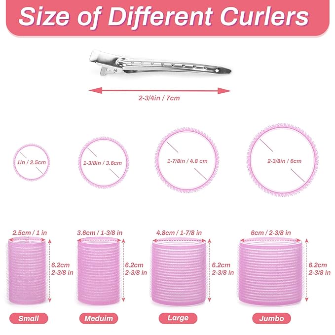 Rollers Hair Curlers Set of 48 with 24 Curlers (6 Jumbo, 6 Large, 6 Medium, 6 Small) and 24 Clips for Long, Medium, Short Hair (Purple)